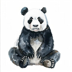 Watercolor illustration of a seated giant panda with a peaceful expression, ideal for wildlife or environmental themes with blank space for text