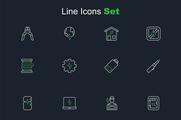 Set line Electrical panel, Electrician, Laptop, Refrigerator, Soldering iron, Battery charge, Gear and lightning and Wire electric cable reel icon. Vector