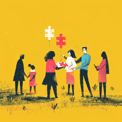 Colorful Line Illustration of Diverse Group Holding Puzzle Pieces for Leadership Training Handbook Gen AI