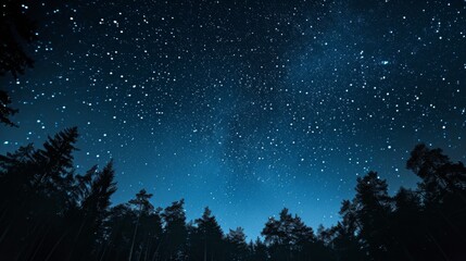 The image captures an unobstructed view of the dense starry night sky shining brightly above the dark outline of a silent, serene forest