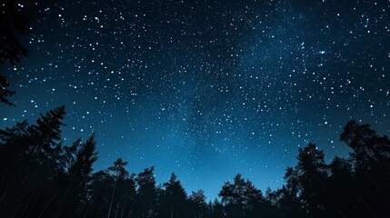 Naklejka premium The image captures an unobstructed view of the dense starry night sky shining brightly above the dark outline of a silent, serene forest