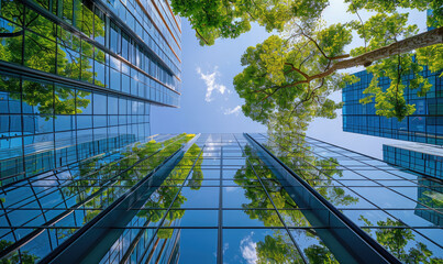 Environmentally friendly buildings in modern cities Sustainable glass office building with carbon-reducing trees Office building with green by AI generated image