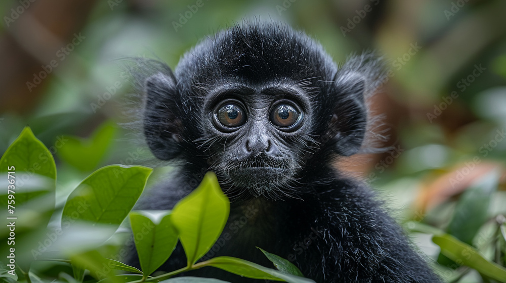 Wall mural wildlife photography, authentic photo of a gibbon in natural habitat, taken with telephoto lenses, f