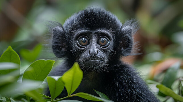 Fototapeta wildlife photography, authentic photo of a gibbon in natural habitat, taken with telephoto lenses, for relaxing animal wallpaper and more