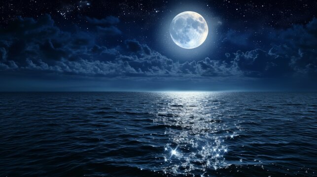 Serene image of a full moon shining brightly over a calm sea at night, conveying tranquility and reflection