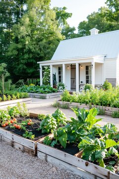 A photo of the front view of an elegant white barn house with wooden raised beds editorial style garden, showcasing a lush vegetable and flower patch surrounded by wooden planters on both sides.