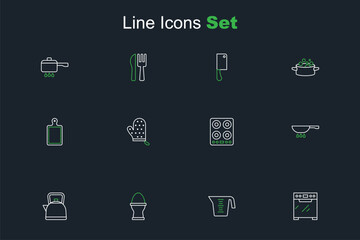 Set line Oven, Measuring cup, Chicken egg on stand, Kettle with handle, Frying pan fire, Gas stove, glove and Cutting board icon. Vector