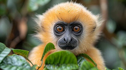 Fototapeta premium wildlife photography, authentic photo of a gibbon in natural habitat, taken with telephoto lenses, for relaxing animal wallpaper and more