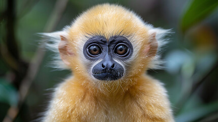 Obraz premium wildlife photography, authentic photo of a gibbon in natural habitat, taken with telephoto lenses, for relaxing animal wallpaper and more