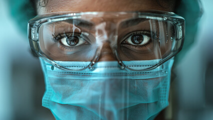 A close up, a black woman face in protective glasses and mask. PPE. African woman wearing mask.