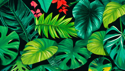 A lush pattern of green tropical leaves with splashes of red and pink flowers, suitable for a botanical or nature-inspired theme.