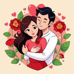 Sticker featuring a romantic couple in a tender embrace, surrounded by hearts and roses, capturing the essence of love
