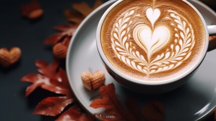A perfect heart shaped latte art pictured with warm autumn leaves and heart shaped cookies for a cozy feeling - obrazy, fototapety, plakaty