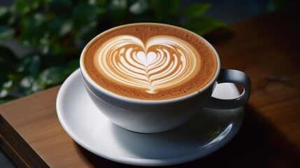 A beautiful cappuccino with expertly poured heart-shaped latte art, placed on a saucer, epitome of coffee craftsmanship