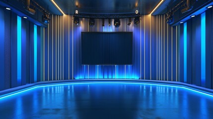A stylish stage set with LED blue lights and vertical panels, creating an ideal backdrop for high-profile events