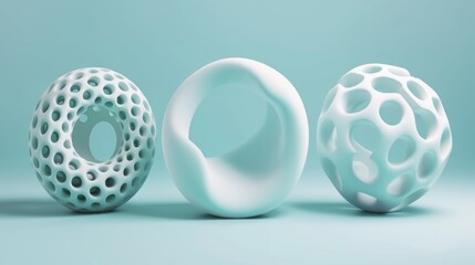 Three spherical hollow objects with differing intricate patterns and textures set against a calming...