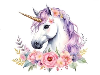 Cute watercolor unicorn with flowers isolated on white background	