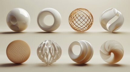 A collection of eight geometric 3D spheres with diverse textures and patterns presented in warm...
