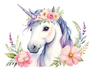 Obraz na płótnie Canvas Cute watercolor unicorn with flowers isolated on white background 