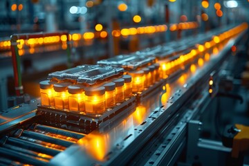 Highly detailed image of glowing vials on a conveyor in a modern pharma production line facility - obrazy, fototapety, plakaty