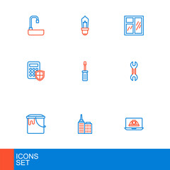 Set line Worker safety helmet, City landscape, Paint bucket, Wrench spanner, Security keypad access panel, Screwdriver, Window room and Light bulb icon. Vector