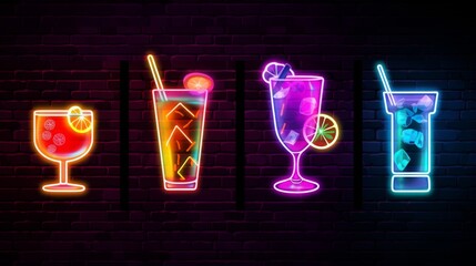 A visually striking set of four neon cocktail signages - each with distinctive cocktail glass...