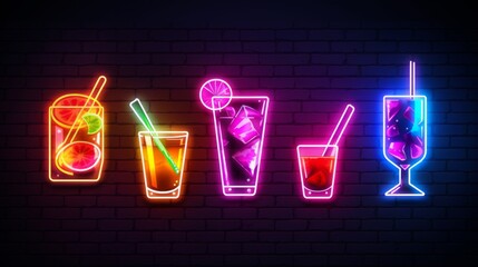 An array of five colorful LED-lit neon cocktail glass signs in different styles, radiating vibrant energy against a brick wall background - Powered by Adobe