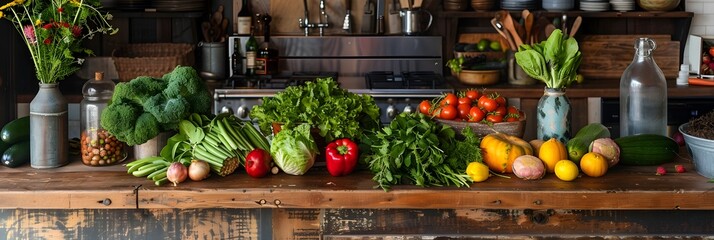 Rustic Kitchen Counter Overflowing with Vibrant Farm-to-Table Fresh Produce