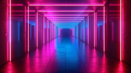 A clean, geometric corridor enhanced with futuristic neon lighting in pink and purple shades