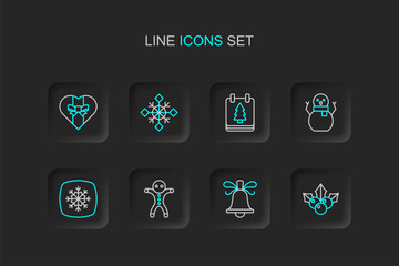 Set line Branch viburnum, Christmas ringing bell, Holiday gingerbread man cookie, Snowflake, snowman, calendar, and Gift box icon. Vector