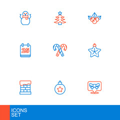 Set line Gift bow, Christmas ball, chimney, star, day calendar, Candy cane with stripes, Branch viburnum and tree icon. Vector