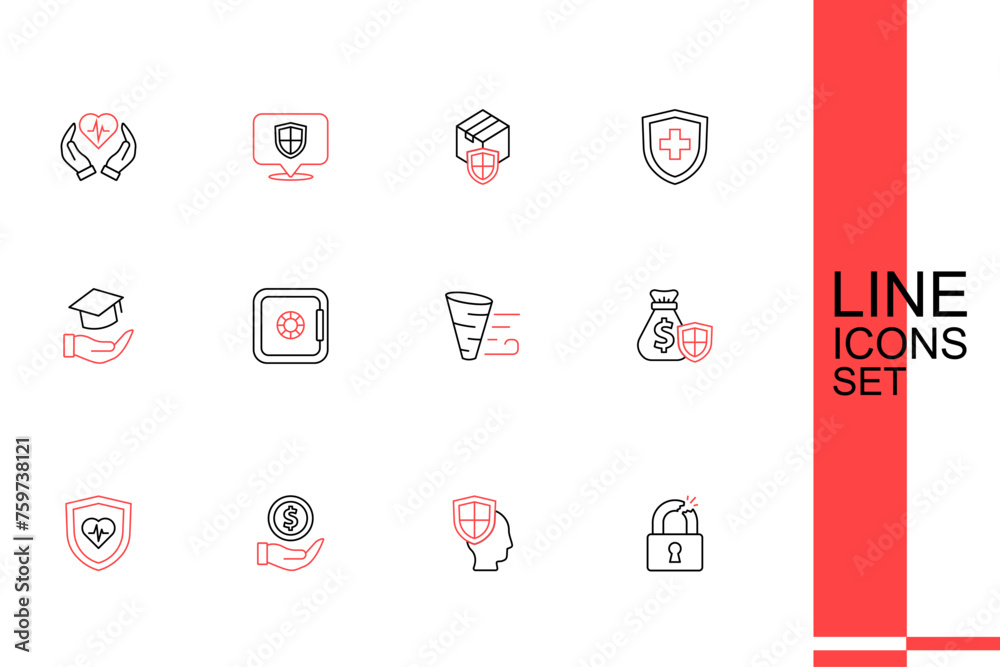 Poster Set line Broken or cracked lock, Life insurance with shield, Money, bag, Tornado, Safe and Education grant icon. Vector