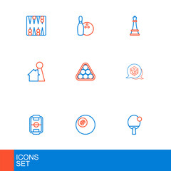 Obraz premium Set line Racket, Billiard pool snooker ball, Table football, Game dice, Chip for board game, balls in triangle, Chess and Bowling pin and icon. Vector