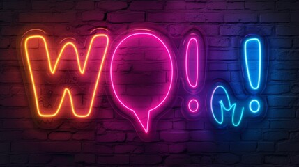 A striking image showing the expressive word Wow! spelled out in neon lights, creating an instant feeling of surprise and elation against a brick backdrop - obrazy, fototapety, plakaty