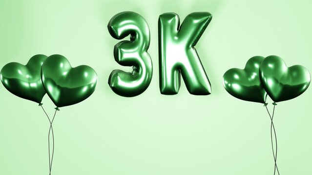 3k , 3000 followers / subscribers / likes celebration background with heart shaped helium air balloons and balloon texts on light green background 8k illustration.