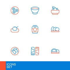 Set line Sushi, Guotie, Dumpling, Chicken egg, Mochi, Asian noodles paper box, Rice with fish bowl and Soy sauce icon. Vector