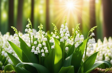 Lilies of the valley in the forest and the lights of a sun on the blurred background with circle bokeh. Spring banner with copy space - obrazy, fototapety, plakaty