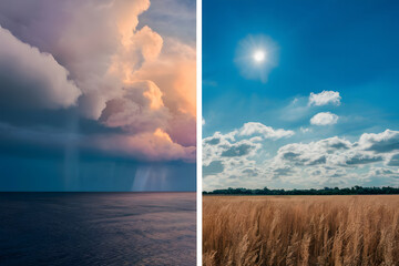 Sunny and rainy weather - Illustration divided into two parts : rainy weather on one side and sunny weather on the other.