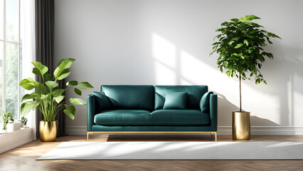 Modern designed leather sofa with green plants placed next to it, bedroom design

