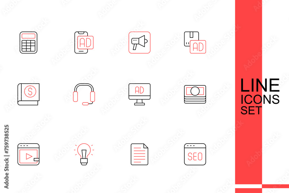 Canvas Prints Set line SEO optimization, File document, Light bulb, Video advertising, Stacks paper money cash, Advertising, Headphones and Financial book icon. Vector