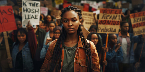 A young, resolute woman stands at the forefront of a protest demonstration, expressing solidarity and leadership amidst a passionate crowd