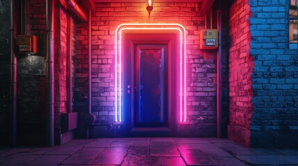 A captivating entrance to a venue illuminated by neon lights with a figure shadowed in the doorway