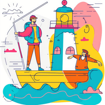 Colorful Leadership Training Handbook Illustration: Sailors Heading to Lighthouse Beam Gen AI