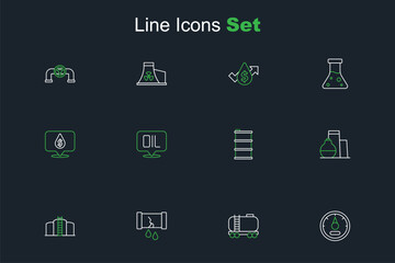 Set line Motor gas gauge, Oil railway cistern, Broken oil pipe with valve, tank storage, Barrel, Word and drop dollar symbol icon. Vector