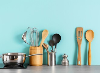 Modern kitchen utensils on gray table against light blue wall background, space for text stock