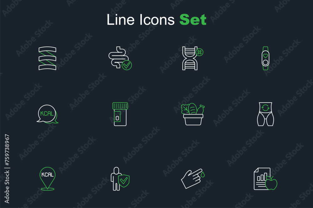 Sticker Set line Diet plan, Finger blood, Healthy lifestyle, Kcal, Metabolism, Shopping bag and food, Vitamins and icon. Vector