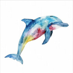 Vibrant watercolor painting of a dolphin with ample white space for text, ideal for marine life themes and creative backgrounds