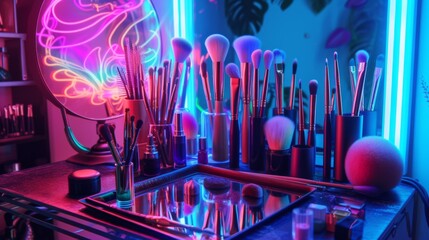 A colorful collection of makeup accessories glow under artistic neon light, showcasing a trendy and stylish vanity