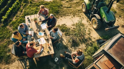 Group of people discussing business at a rustic table on a farm with a tractor in the background.