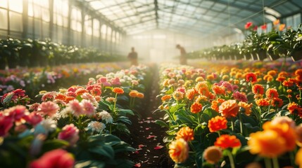 Warm dawn light bathing colorful flowers in a greenhouse.